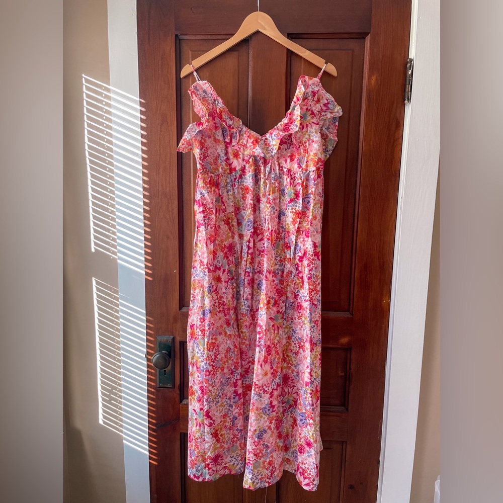 Pink Floral Flounced Midi Dress